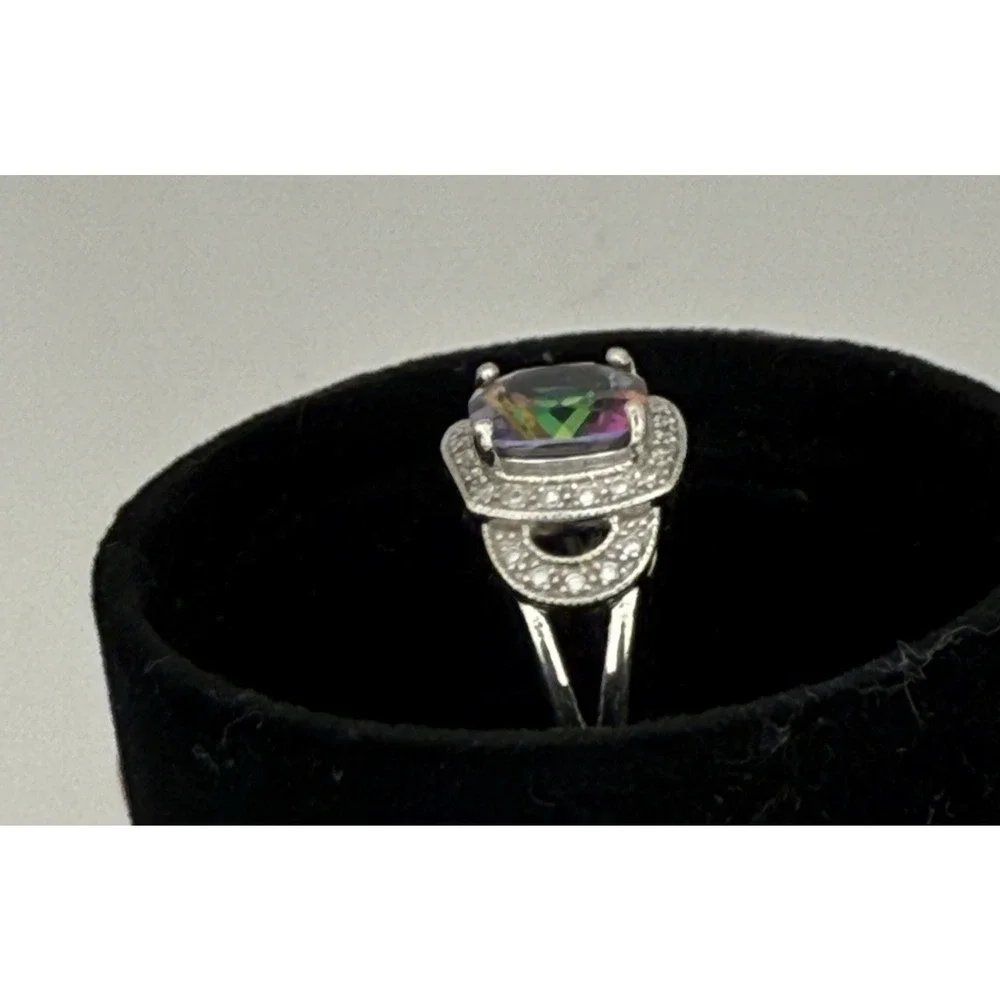 Mystic Topaz Halo Ring Sterling Silver Cushion 9mm Split Shank Sz 8